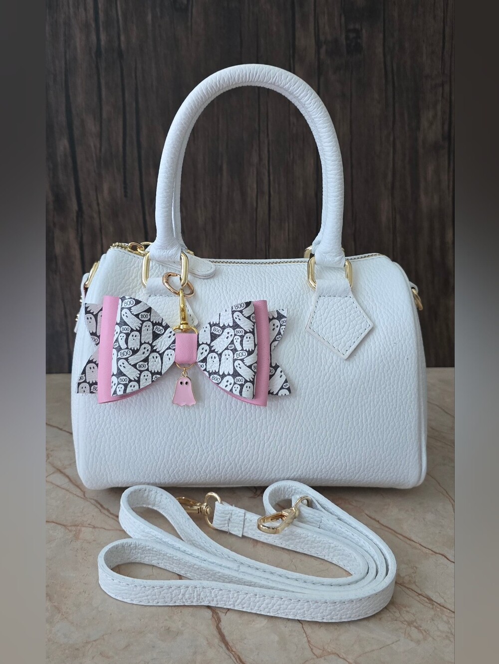Italian Leather Mini Barrel Bag With Hallloween Bow & Tassel